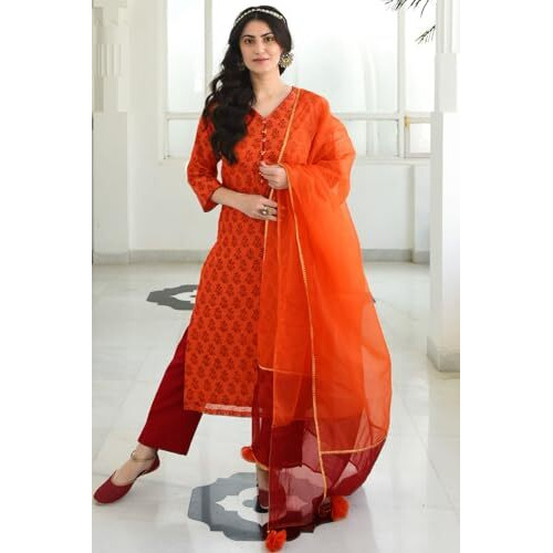 Gosriki Women's Chanderi Cotton Printed Straight Kurta With Pant & Dupatta (Indu Orange_M-Go_Orange_Medium)