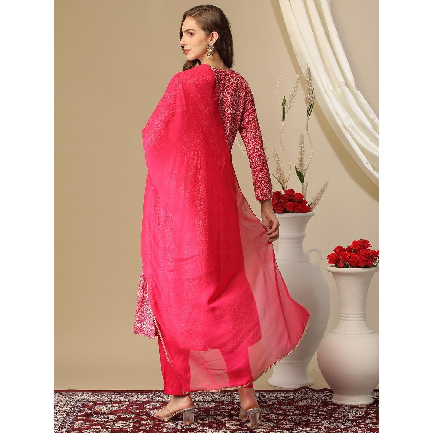 Gosriki Women's Cotton Blend Printed Straight Kurta With Pant & Dupatta (Manchali-Rani-Nw-Gs_S_Pink_Small)