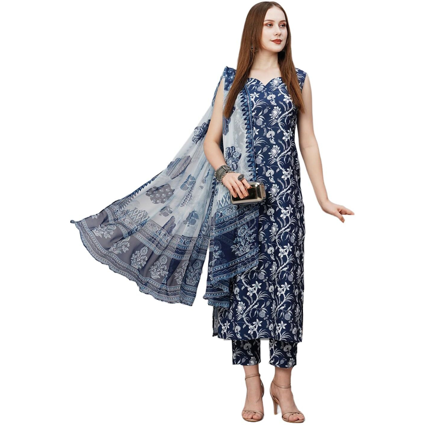 Gosriki Women's Rayon Blend Straight Printed Kurta With Pant & Dupatta (Ball-Blue-Nw-Gs_S_Blue_Small)