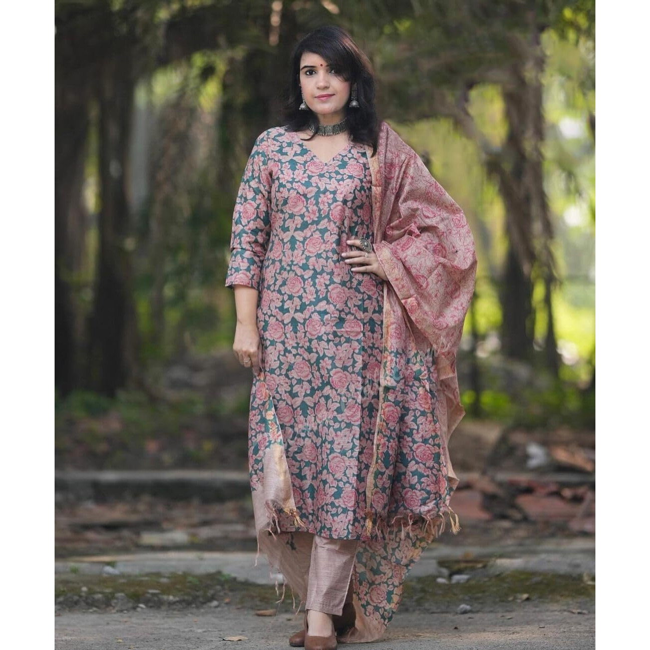 Gosriki Women's Cotton Blend Printed Straight Kurta With Pant & Dupatta (Moringa Green-Gs_L_Green_Large)