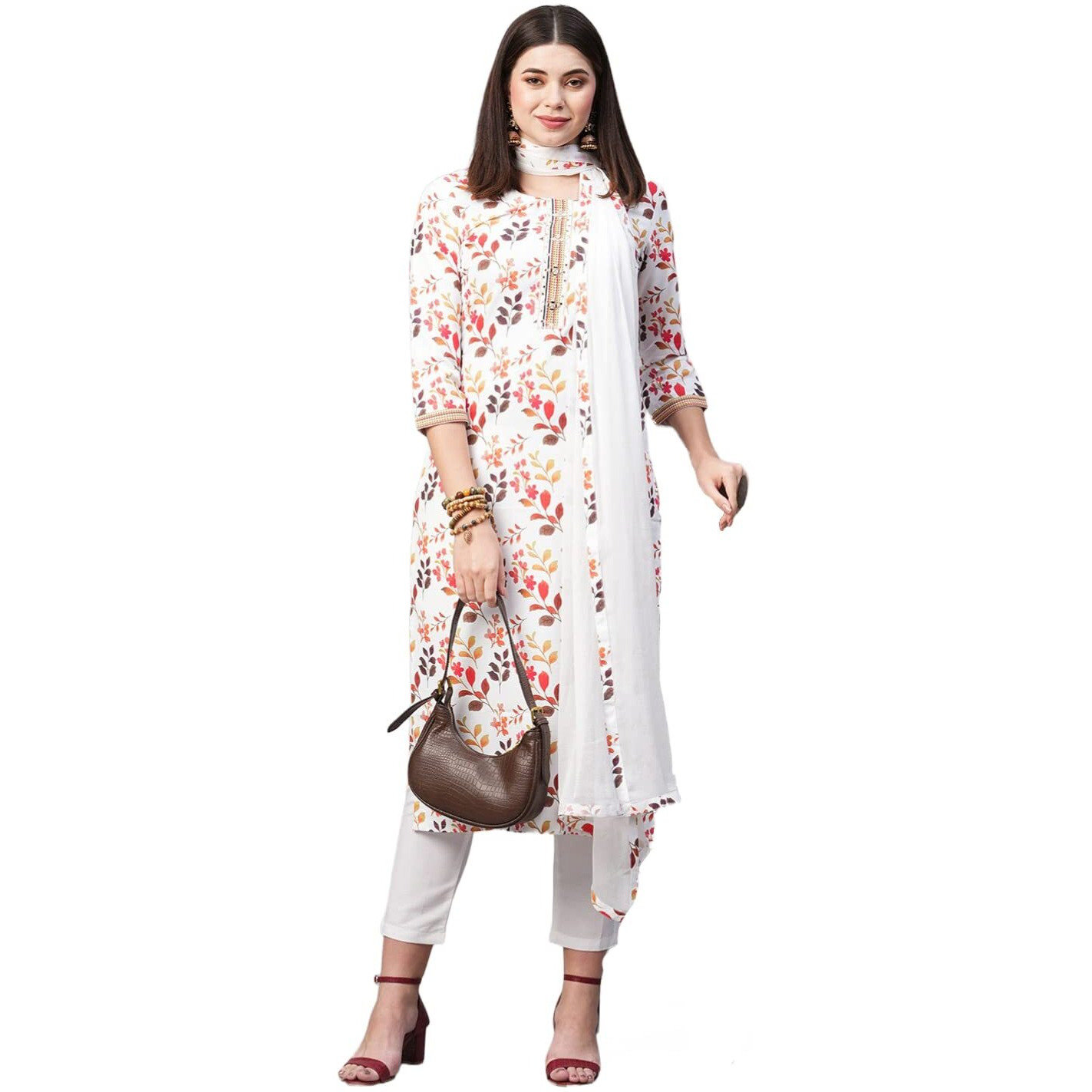 Gosriki Women's Cotton Blend Printed Kurta And Pant With Dupatta Set (Kaleping-White_S-Gs_White_Small)