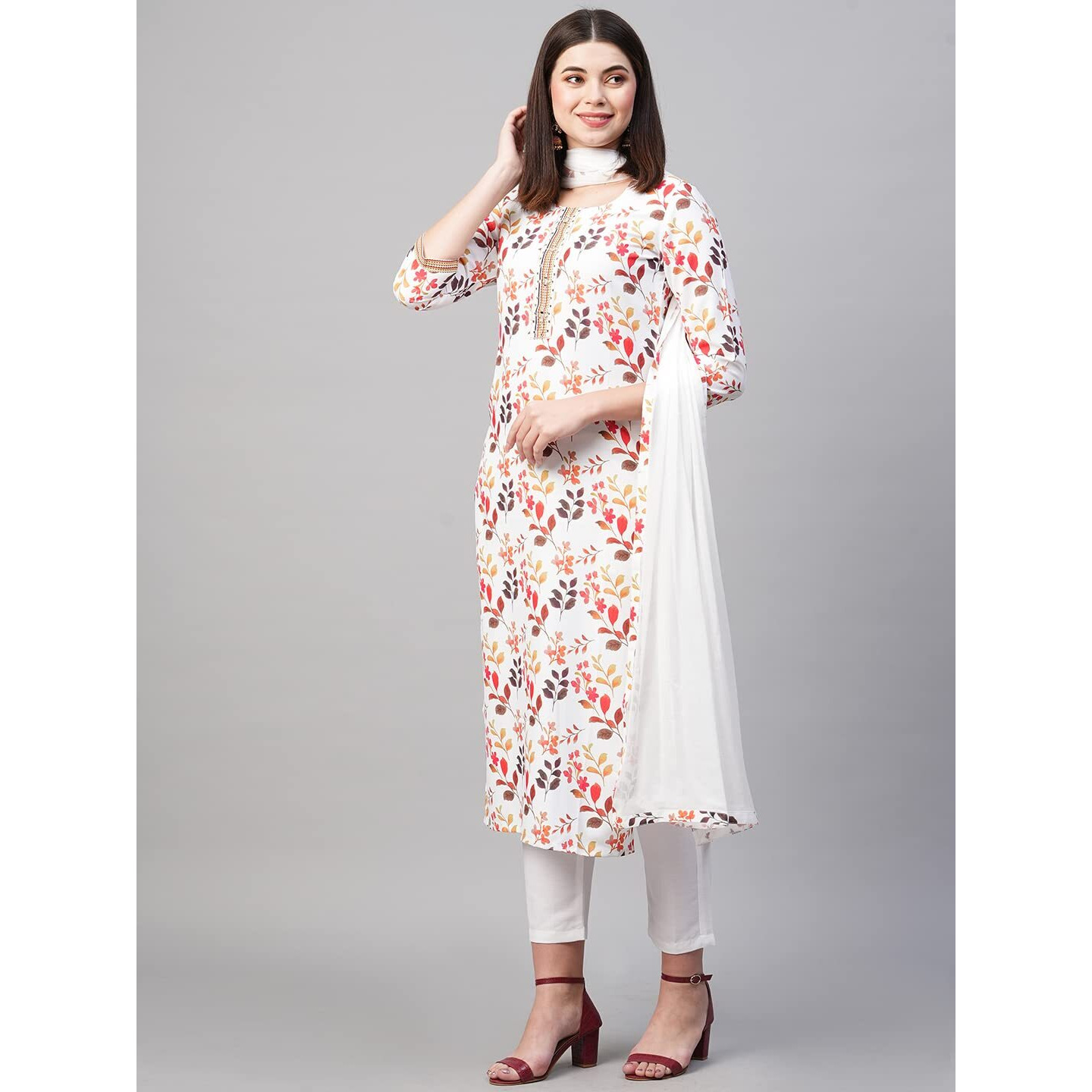 Gosriki Women's Cotton Blend Printed Kurta And Pant With Dupatta Set (Kaleping-White_S-Gs_White_Small)