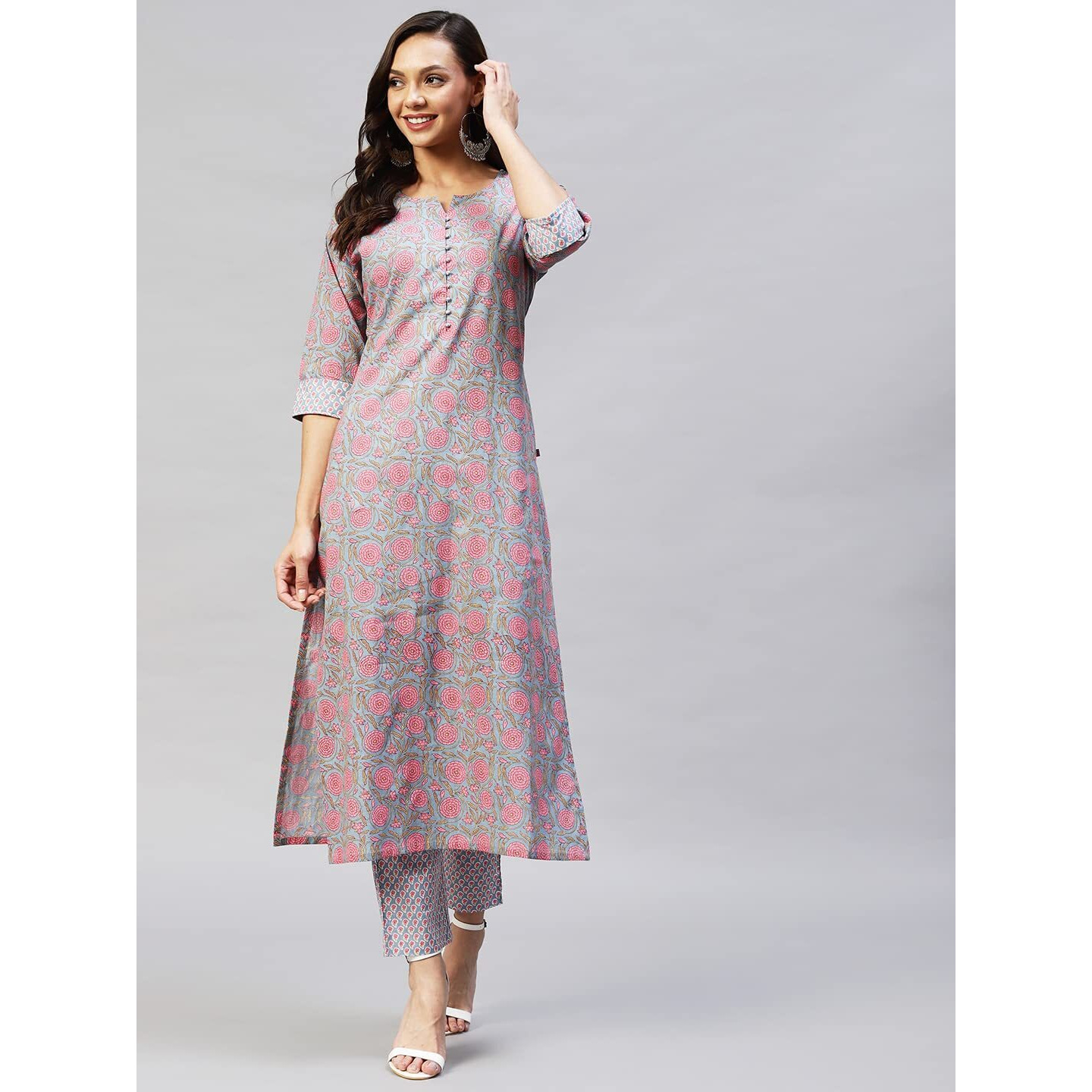 Gosriki Women's Cotton Blend Straight Printed Kurta With Palazzo (Lochna Grey_S-Go_ Grey_Small)