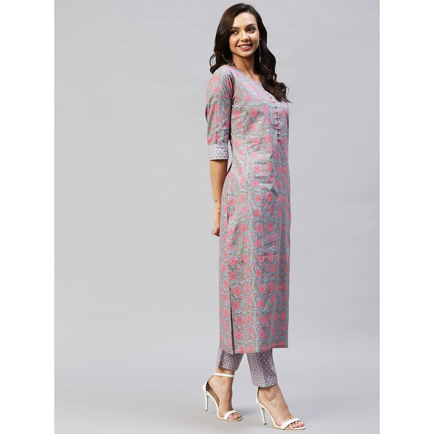 Gosriki Women's Cotton Blend Straight Printed Kurta With Palazzo (Lochna Grey_S-Go_ Grey_Small)