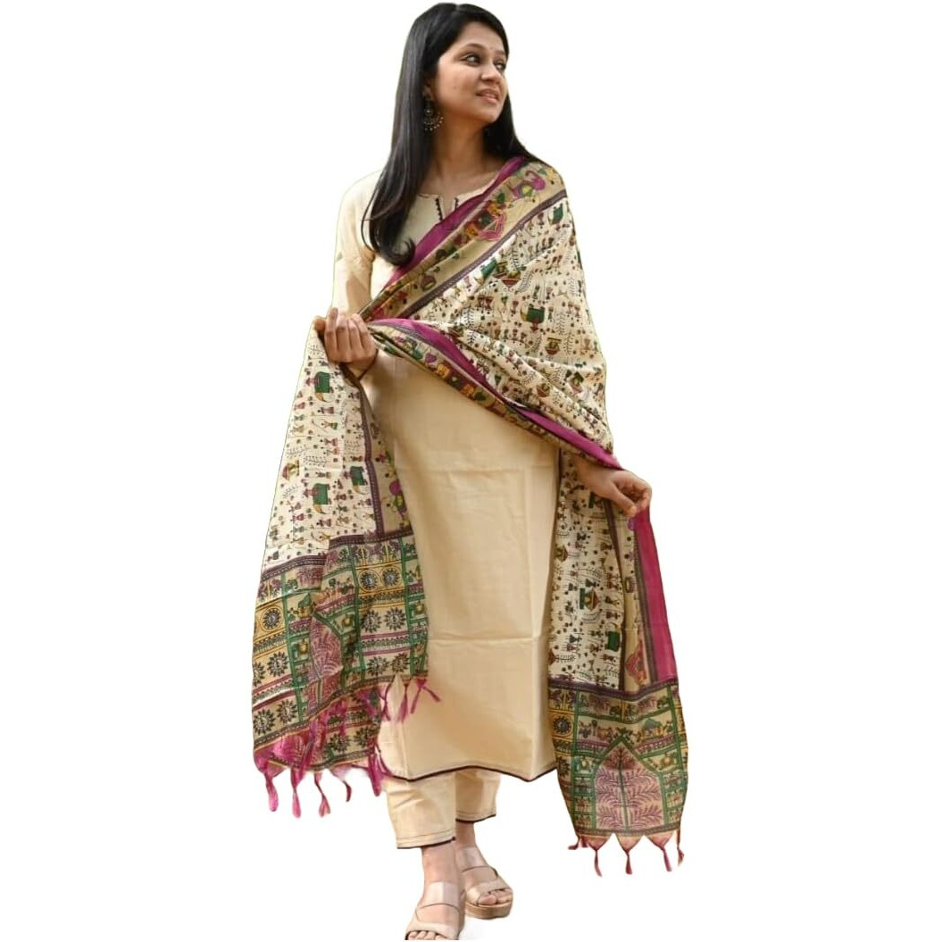 Gosriki Women's Cotton Blend Straight Solid Kurta With Pant & Dupatta (Savari Cream-Gs_M_Cream_Medium)