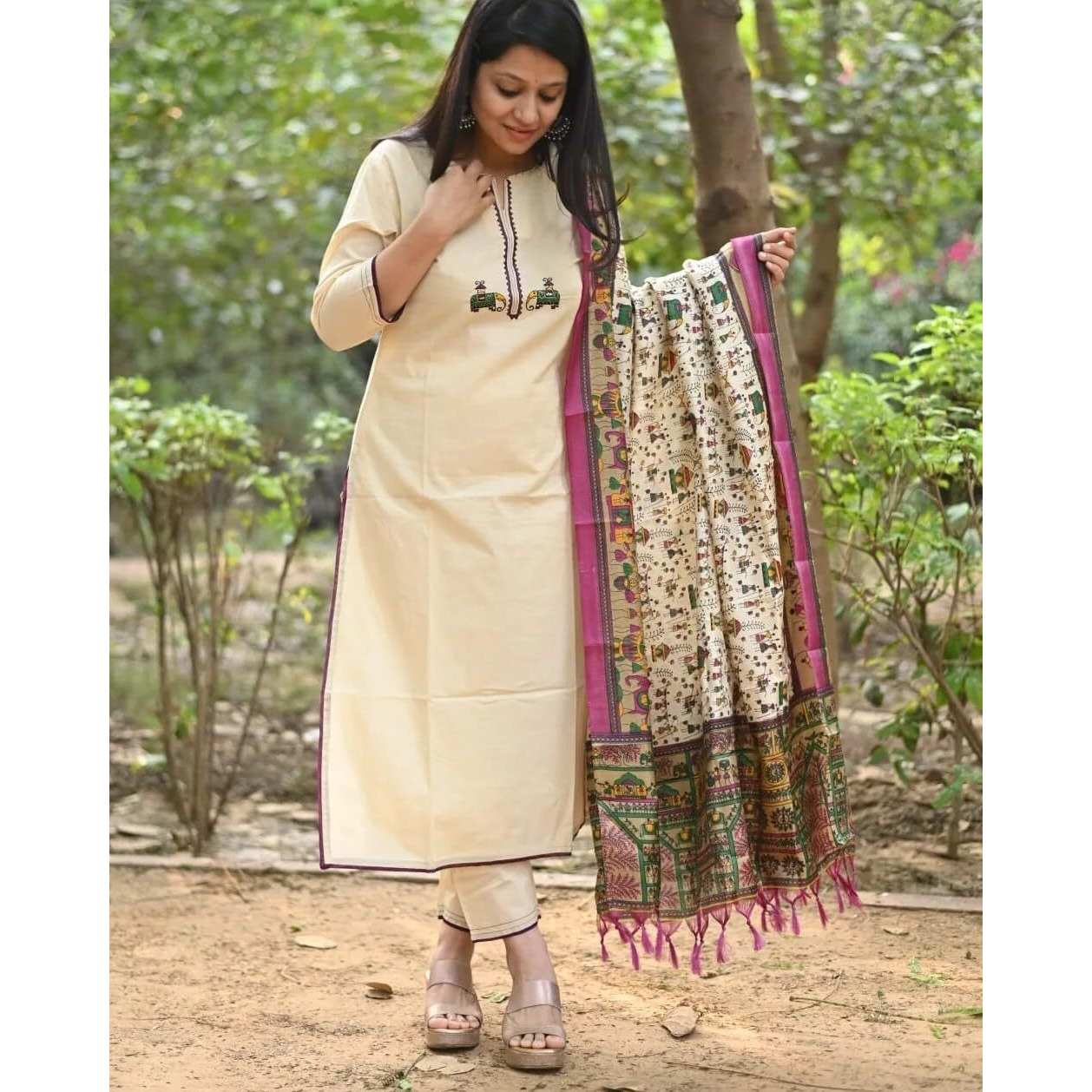 Gosriki Women's Cotton Blend Straight Solid Kurta With Pant & Dupatta (Savari Cream-Gs_M_Cream_Medium)