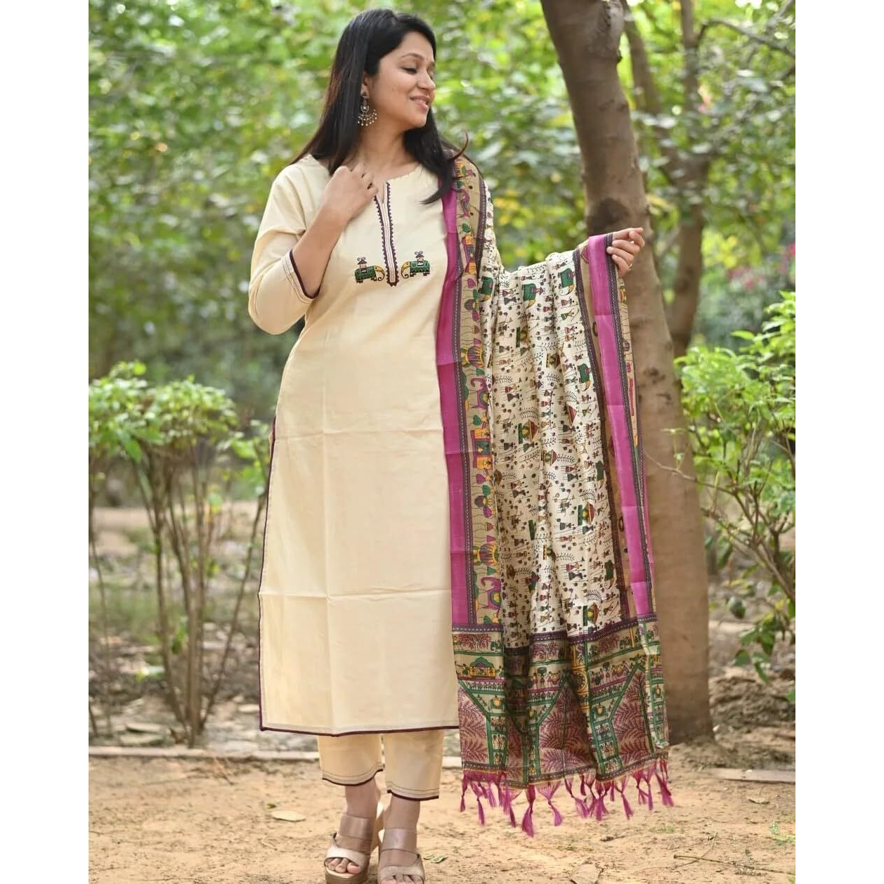 Gosriki Women's Cotton Blend Straight Solid Kurta With Pant & Dupatta (Savari Cream-Gs_M_Cream_Medium)