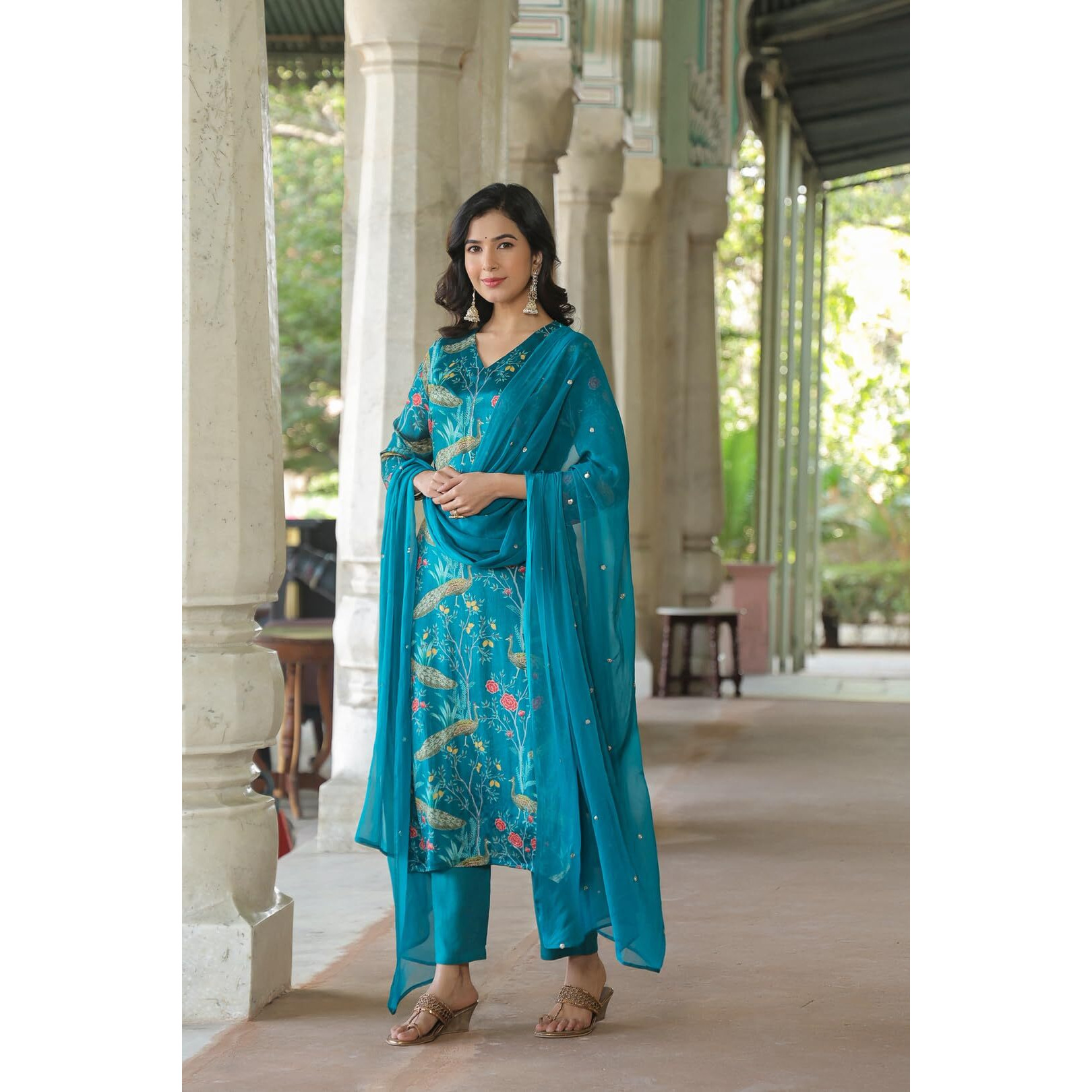 Gosriki Women's Rayon Blend Straight Printed Kurta With Pant & Dupatta (Geto Rama-Gs_S_Light Blue_Small)