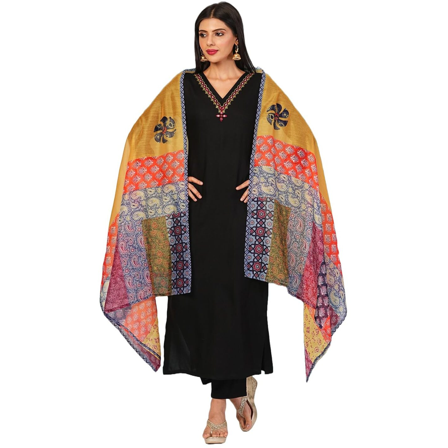 Gosriki Women's Cotton Blend Embroidered Straight Kurta With Pant & Dupatta (Fronx Black-Nw-Gs_S_Black_Small)