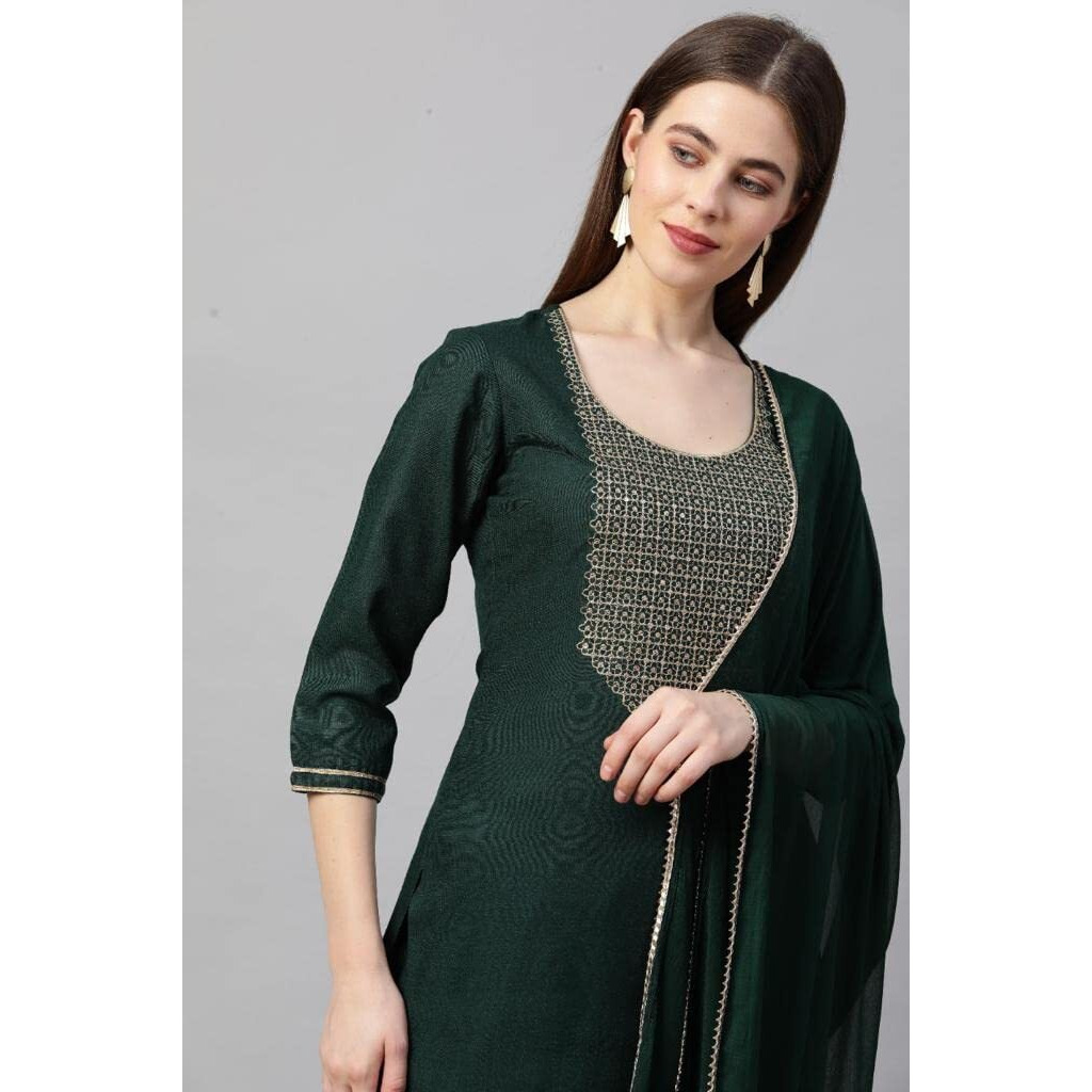 Gosriki Women's Ruby Cotton Solid Straight Kurti With Palazzos & Dupatta Set (Label Green_L-Go_Green_Large)
