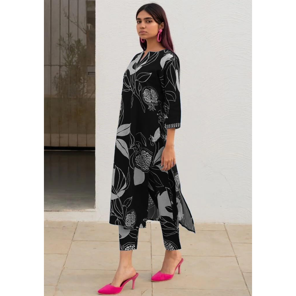 Gosriki Women's Cotton Blend Straight Printed Kurta With Pant (Anaar-Black-Nw-Gs_S_Black_Small)
