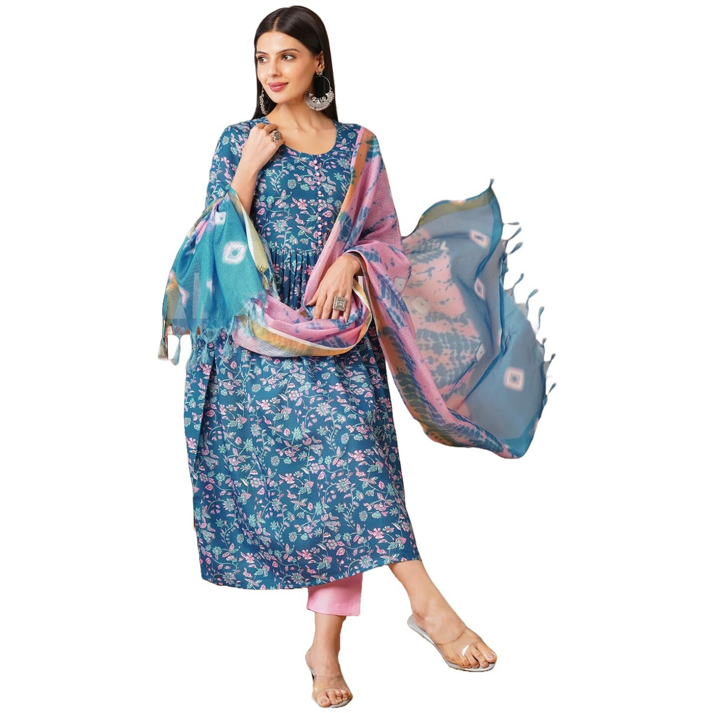 Gosriki Women's Cotton Blend Anarkali Printed Kurta With Pant & Dupatta (Nina Kerocin-Vks01-Gs_Xl_Blue_X-Large)