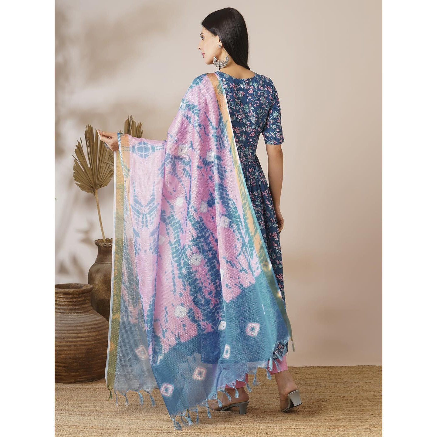 Gosriki Women's Cotton Blend Anarkali Printed Kurta With Pant & Dupatta (Nina Kerocin-Vks01-Gs_Xl_Blue_X-Large)