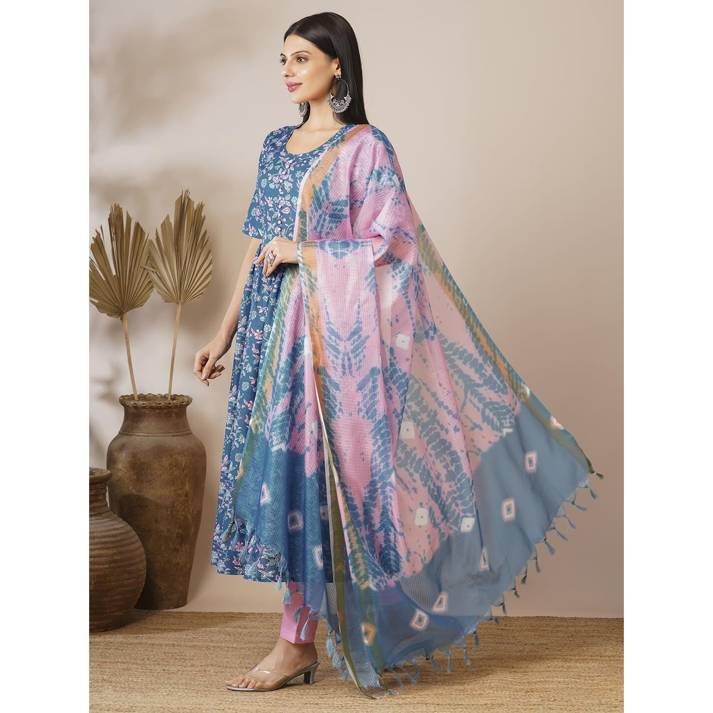 Gosriki Women's Cotton Blend Anarkali Printed Kurta With Pant & Dupatta (Nina Kerocin-Vks01-Gs_Xl_Blue_X-Large)