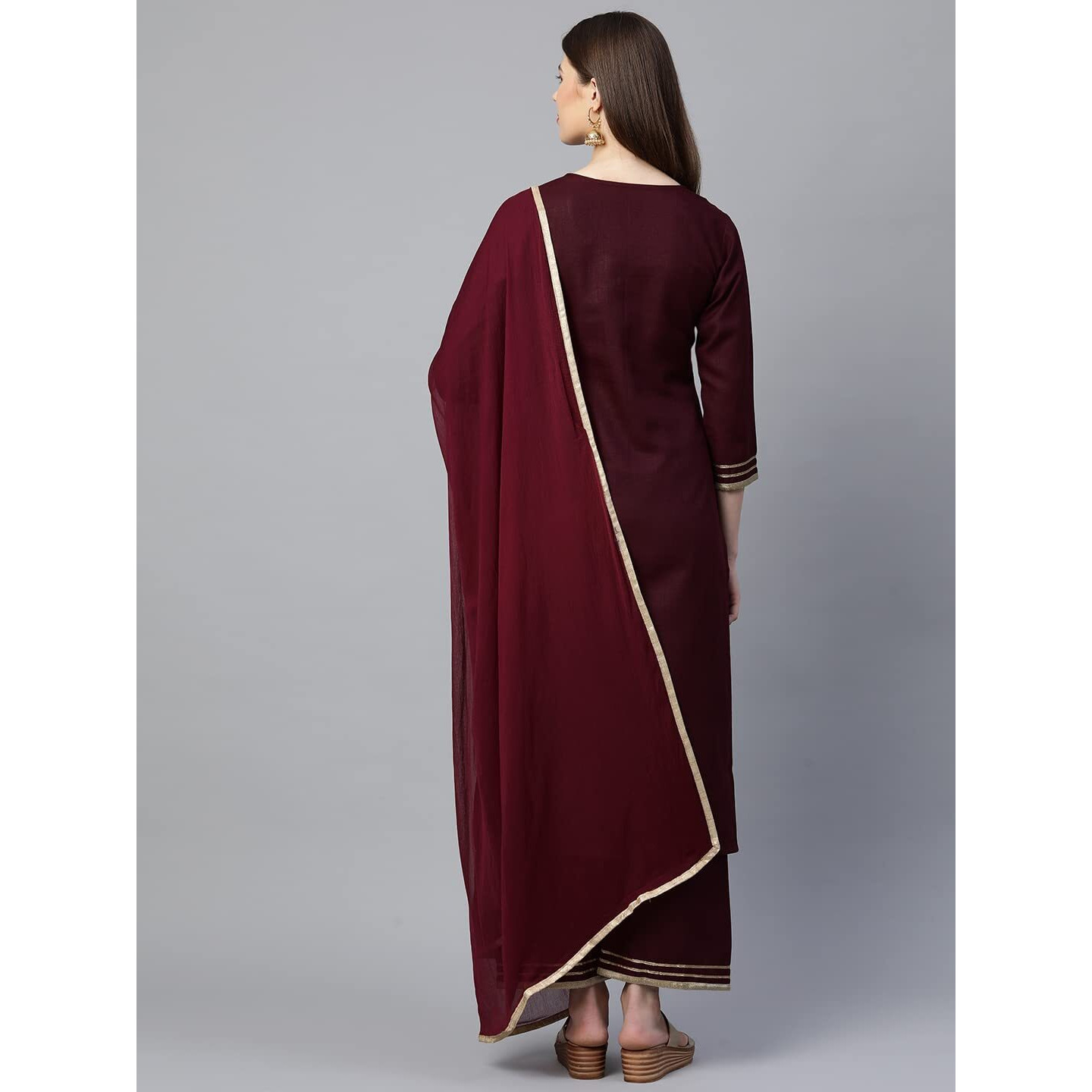 Gosriki Women's Cotton Straight Kurta With Palazzo & Dupatta (Kpzd-Cot-10127-Maroon_S-Go_Maroon_Small)