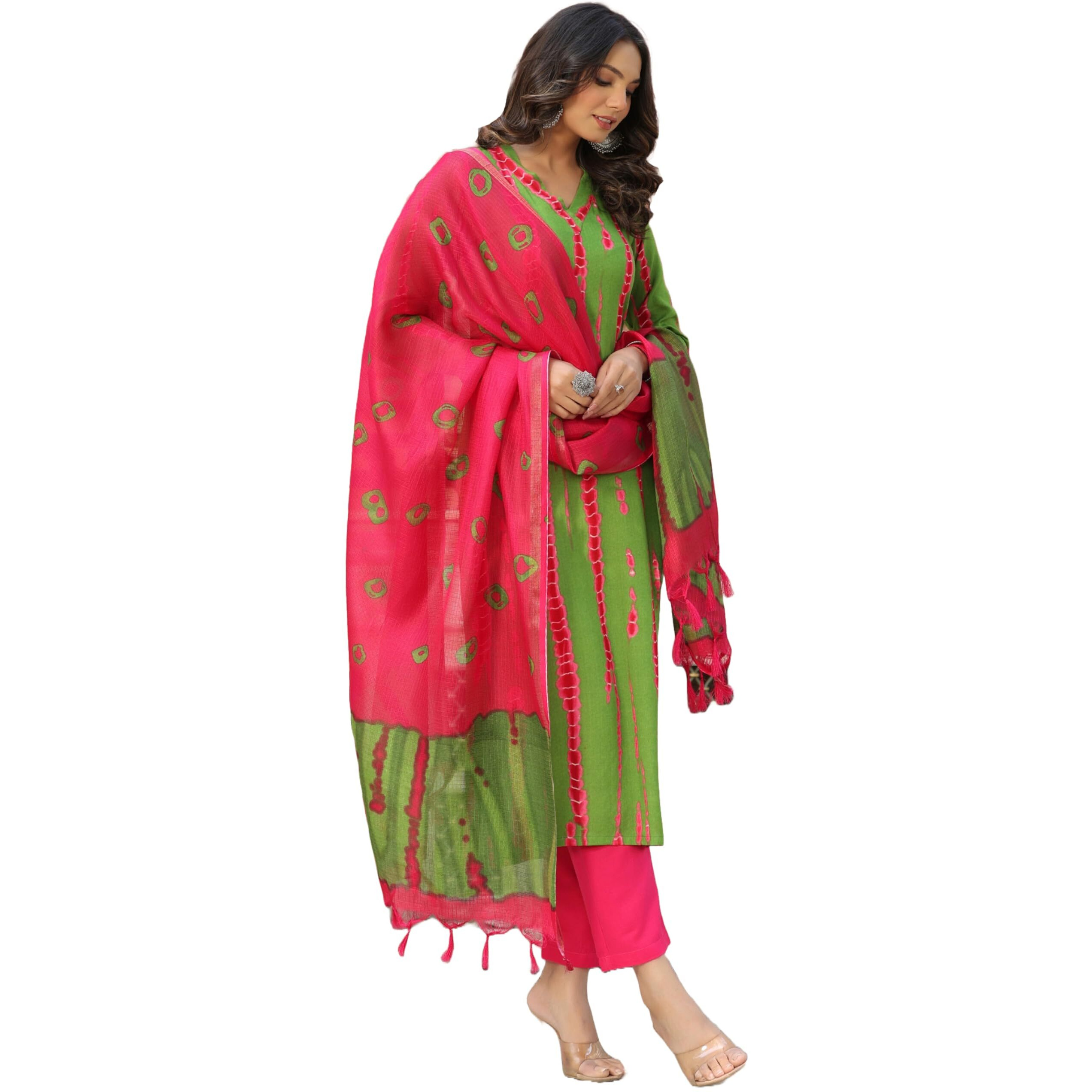 Gosriki Women's Rayon Blend Straight Printed Kurta With Pant & Dupatta (Sibori-Methi-Bfv-Gs_M_Green_Medium)