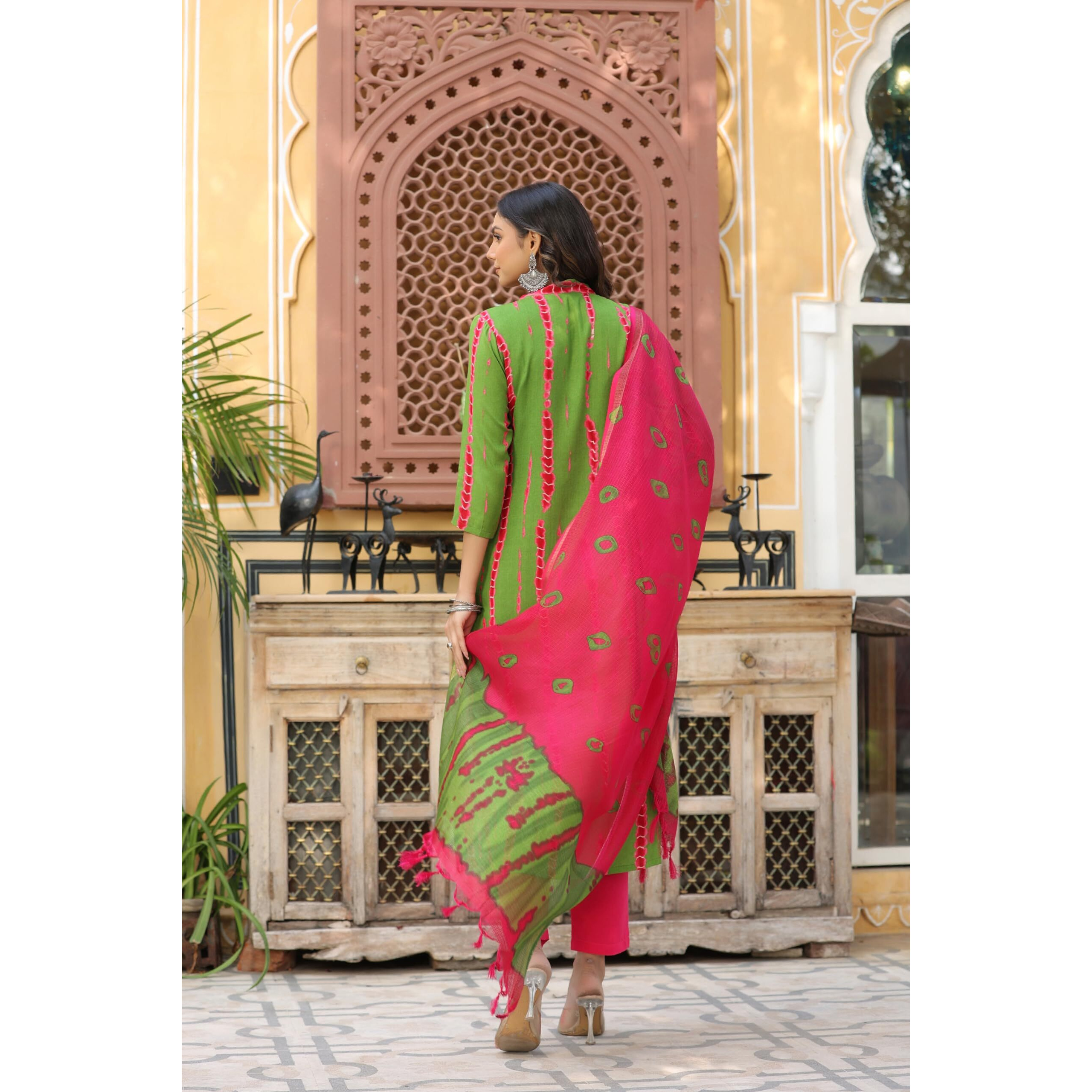 Gosriki Women's Rayon Blend Straight Printed Kurta With Pant & Dupatta (Sibori-Methi-Bfv-Gs_M_Green_Medium)