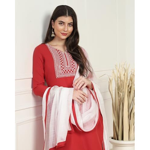 Toplot Women's Solid Straight Kurta With Pant & Dupatta|Kurta Pant Set With Dupatta (Straight-Kurta-Pant-5197-Red-M)