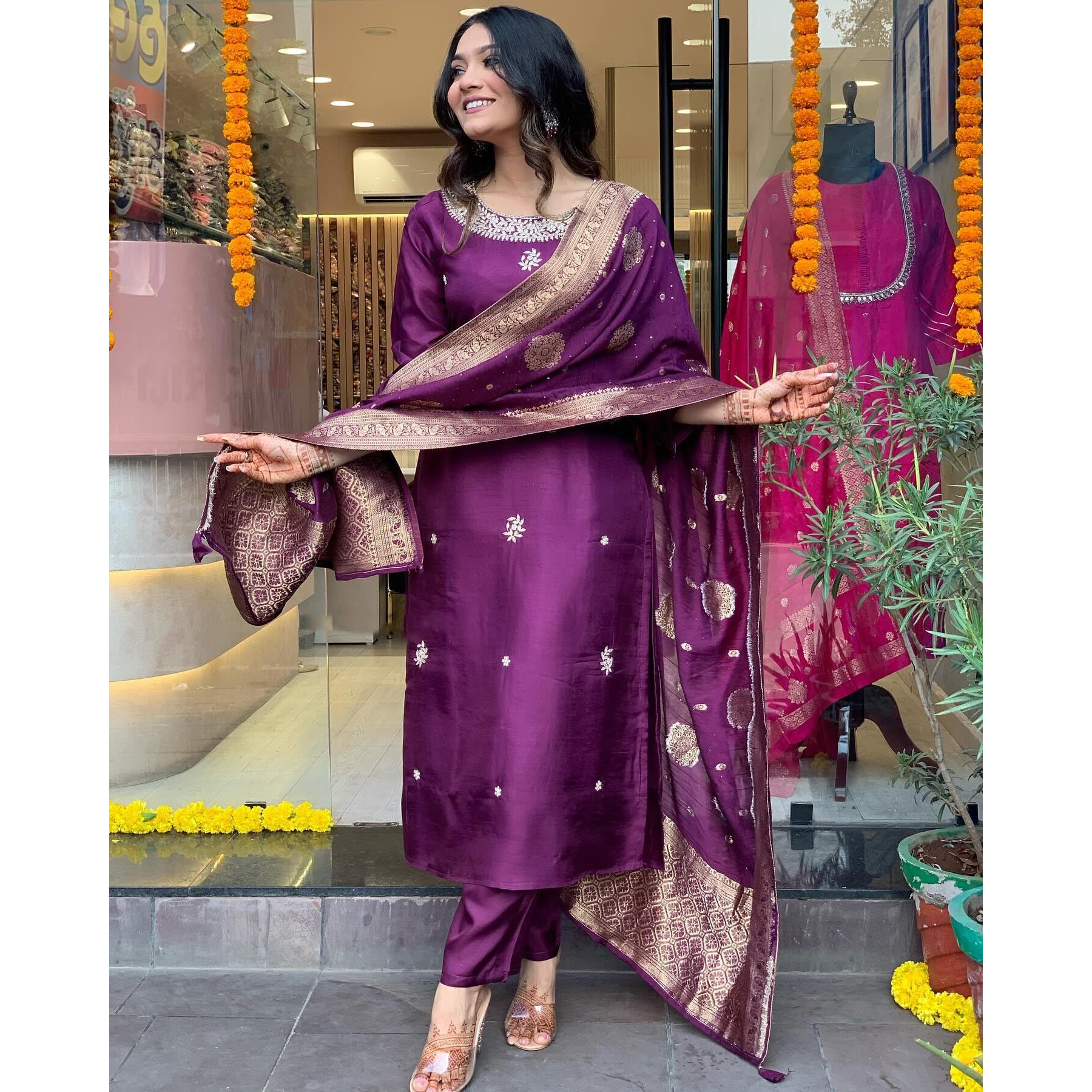 Gosriki Women's Cotton Blend Straight Embroidered Kurta With Pant & Dupatta (Beyond Purple-Gs_Xxl_Purple_Xx-Large)