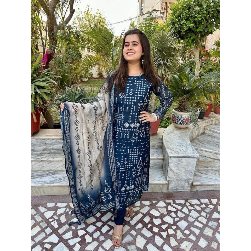 Gosriki Women's Rayon Blend Straight Printed Kurta With Pant & Dupatta (Paulmi Blue-Gs_M_Blue_Medium)