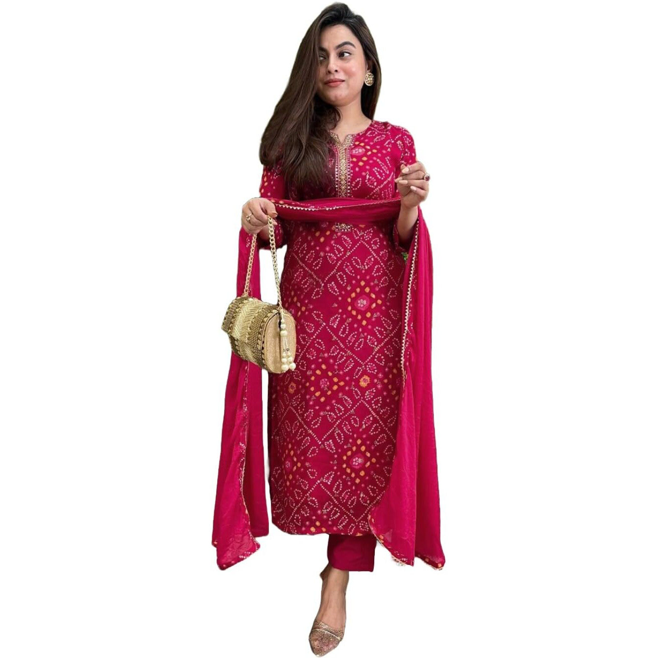 Gosriki Women's Rayon Blend Straight Printed Kurta With Pant & Dupatta (Turae Rani-Vks01-Gs_Xxl_Pink_Xx-Large)