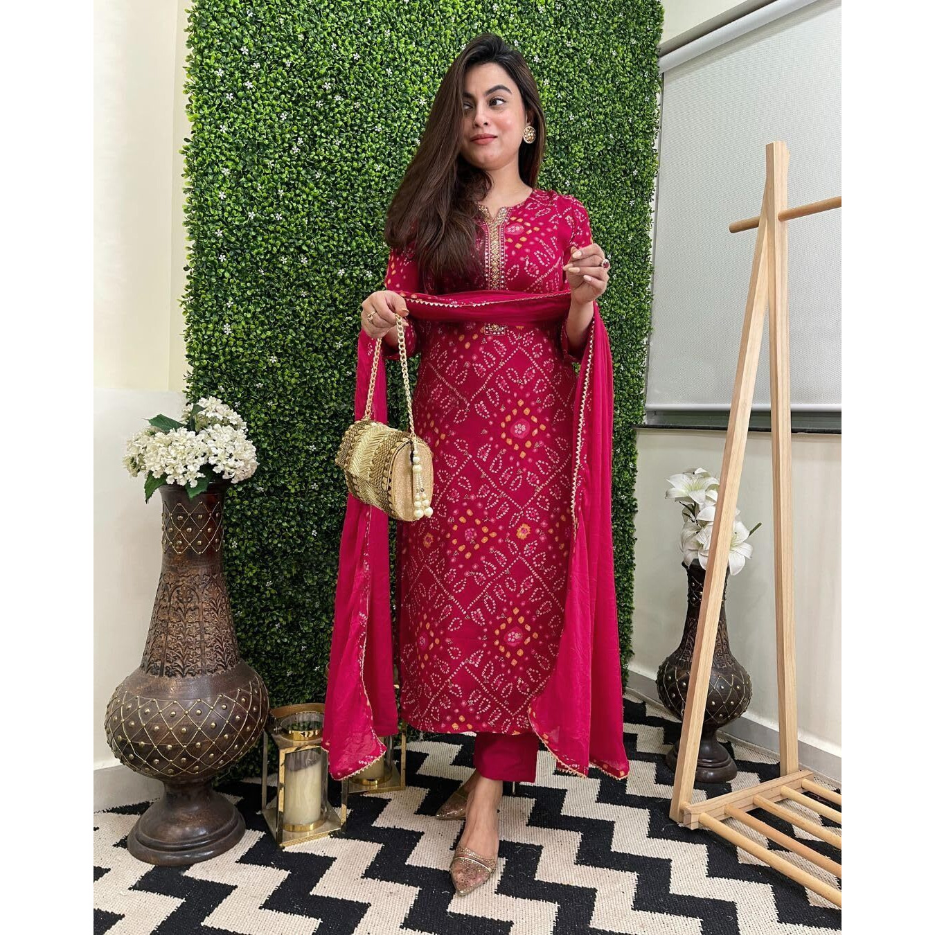 Gosriki Women's Rayon Blend Straight Printed Kurta With Pant & Dupatta (Turae Rani-Vks01-Gs_Xxl_Pink_Xx-Large)