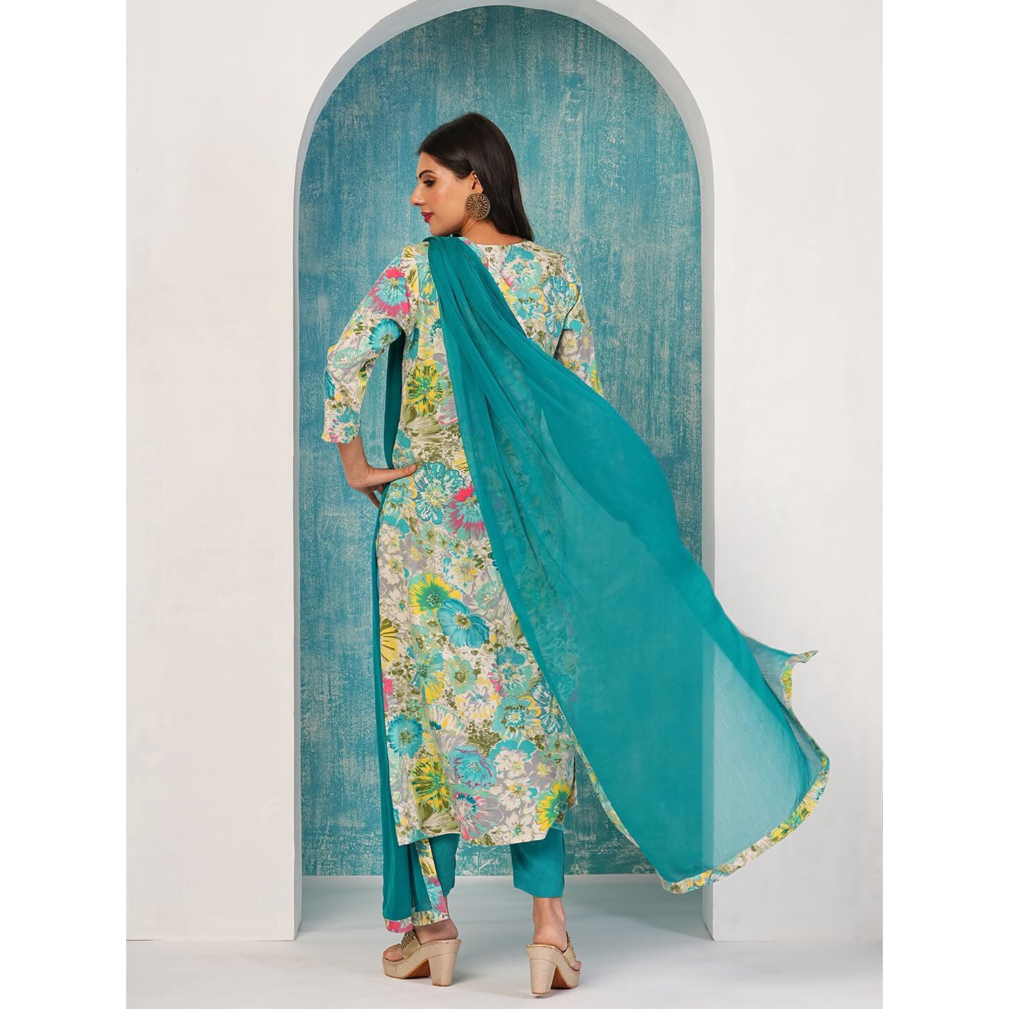 Gosriki Women's Cotton Blend Printed Straight Kurta With Pant & Dupatta (Ruth Rama-Nw-Gs_M_Multi_Medium)