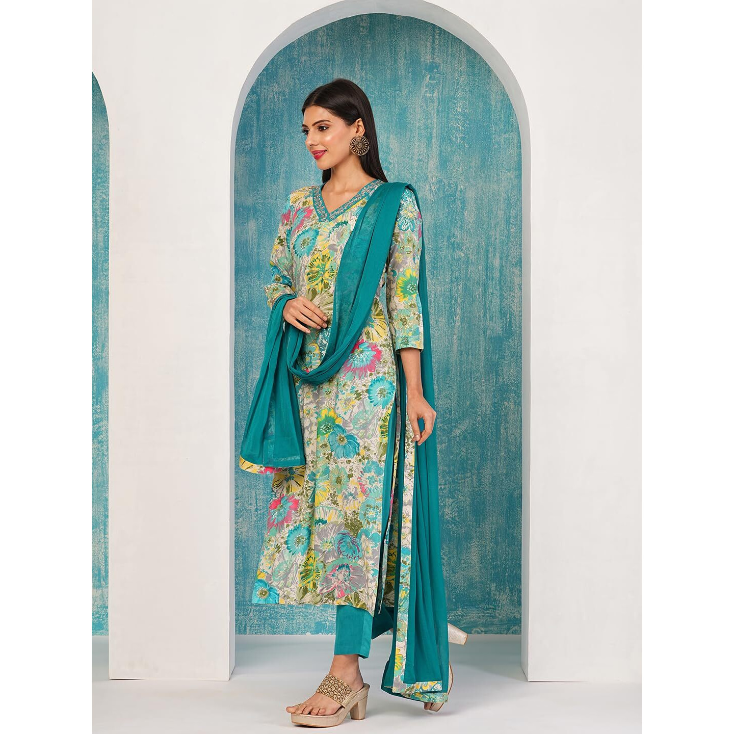 Gosriki Women's Cotton Blend Printed Straight Kurta With Pant & Dupatta (Ruth Rama-Nw-Gs_M_Multi_Medium)