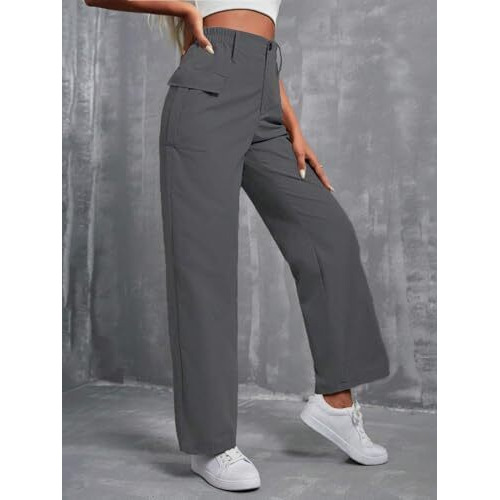 Toplot Cotton Solid Multi-Pocket Cargo Pant For Women (Wide-Leg-Cargo-5195-Dark Grey-34)