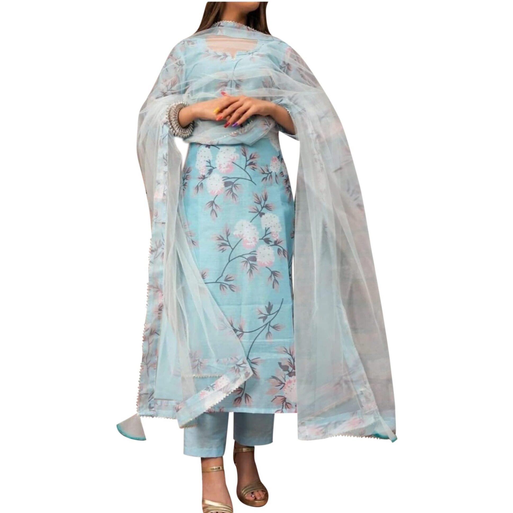 Gosriki Women's Cotton Blend Printed Straight Kurta With Pant & Dupatta (Itta Blue_3Xl-Gs_Blue_Xxx-Large)