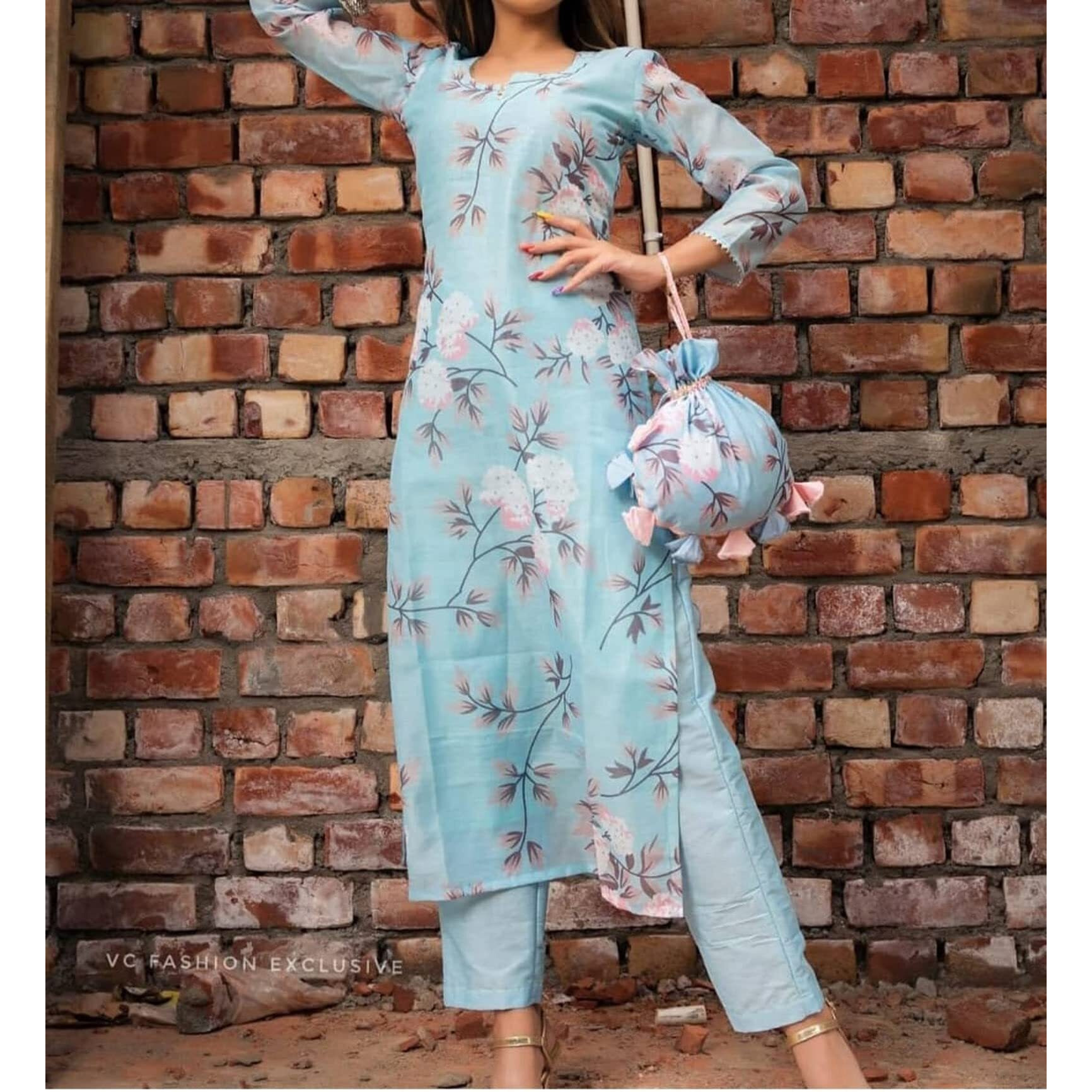 Gosriki Women's Cotton Blend Printed Straight Kurta With Pant & Dupatta (Itta Blue_3Xl-Gs_Blue_Xxx-Large)