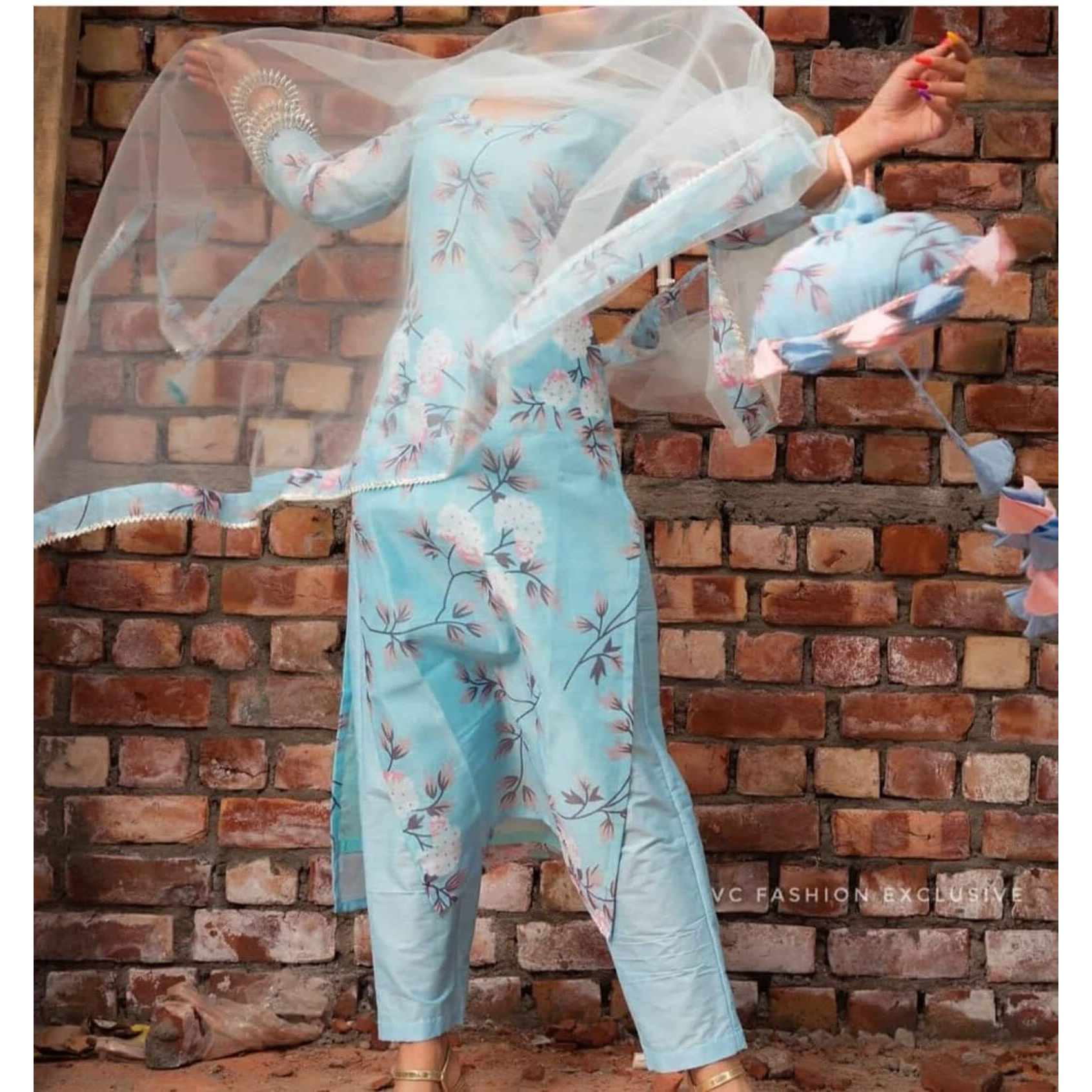 Gosriki Women's Cotton Blend Printed Straight Kurta With Pant & Dupatta (Itta Blue_3Xl-Gs_Blue_Xxx-Large)