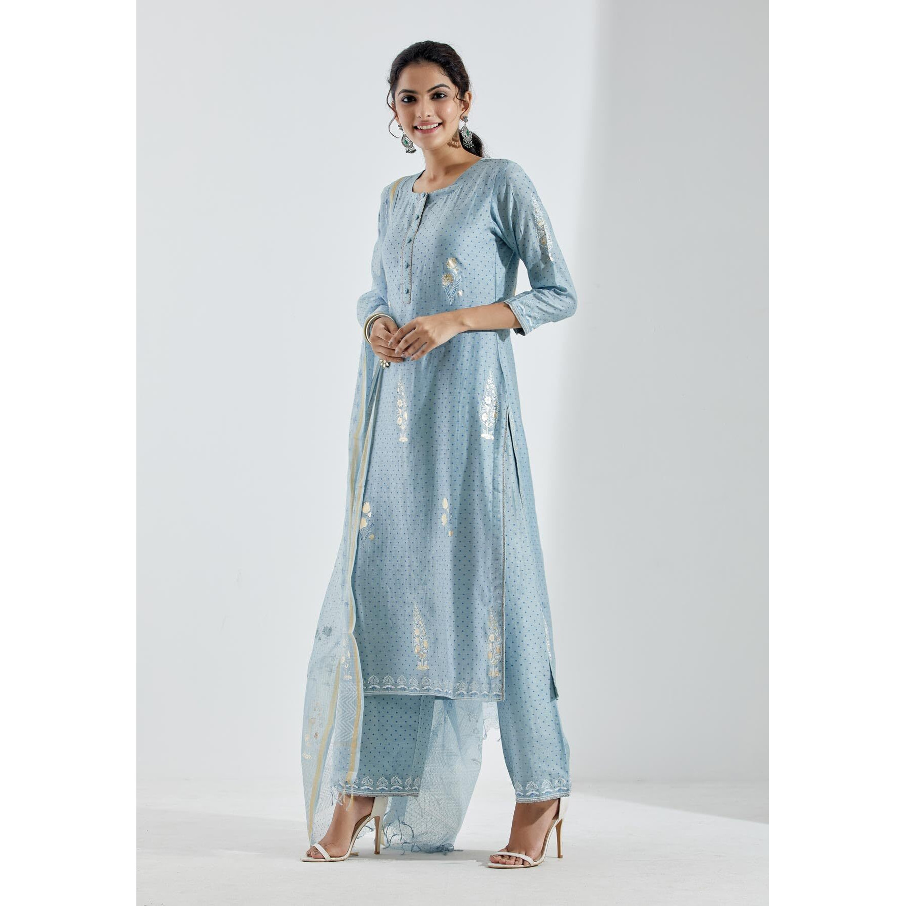 Gosriki Women's Cotton Blend Straight Printed Kurta With Pant & Dupatta (Mataji Blue-Gs_S_Blue_Small)