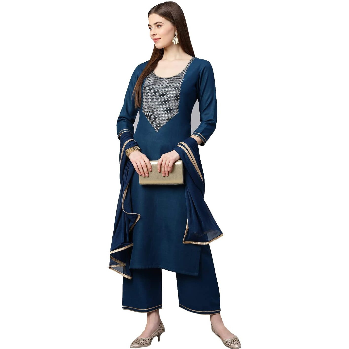 Gosriki Women's Ruby Cotton Solid Straight Kurti With Palazzos & Dupatta Set (Label Cerosin_S-Go_Blue_Small)
