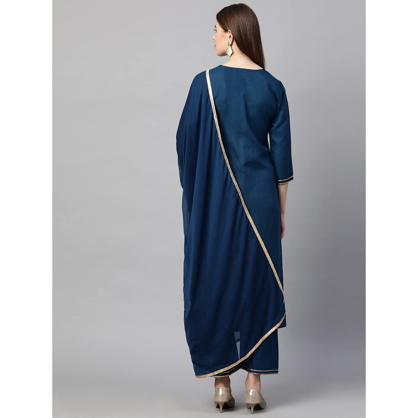 Gosriki Women's Ruby Cotton Solid Straight Kurti With Palazzos & Dupatta Set (Label Cerosin_S-Go_Blue_Small)