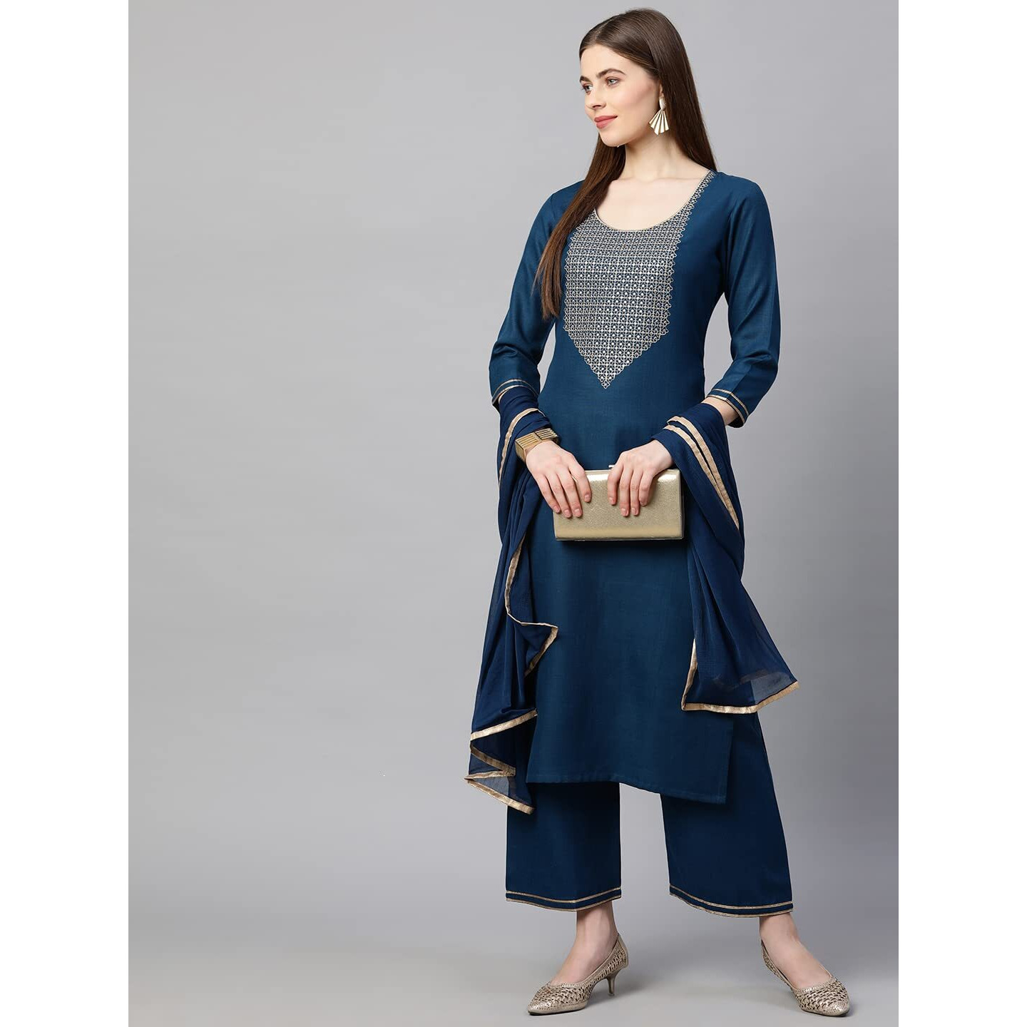 Gosriki Women's Ruby Cotton Solid Straight Kurti With Palazzos & Dupatta Set (Label Cerosin_S-Go_Blue_Small)