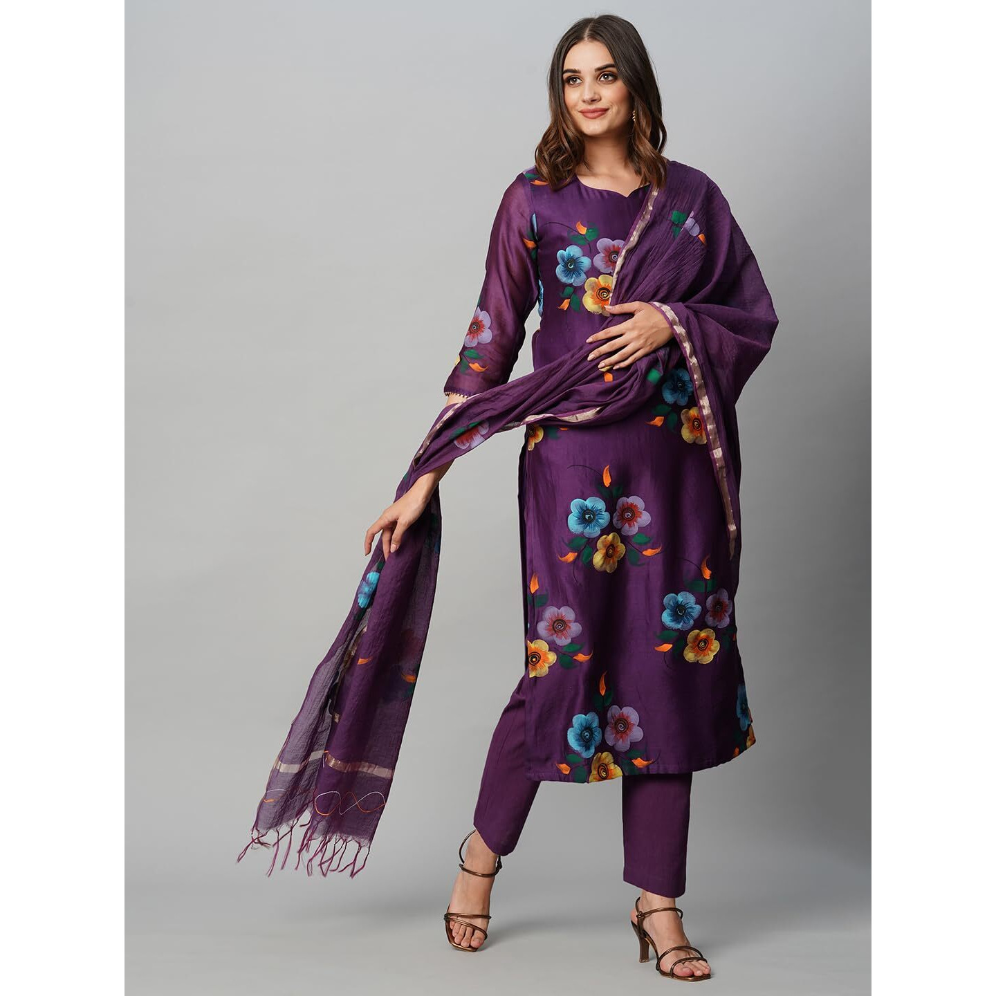 Gosriki Women's Chanderi Cotton Straight Printed Kurta With Pant & Dupatta (Tank Violet-Gs_L_Violet_Large)