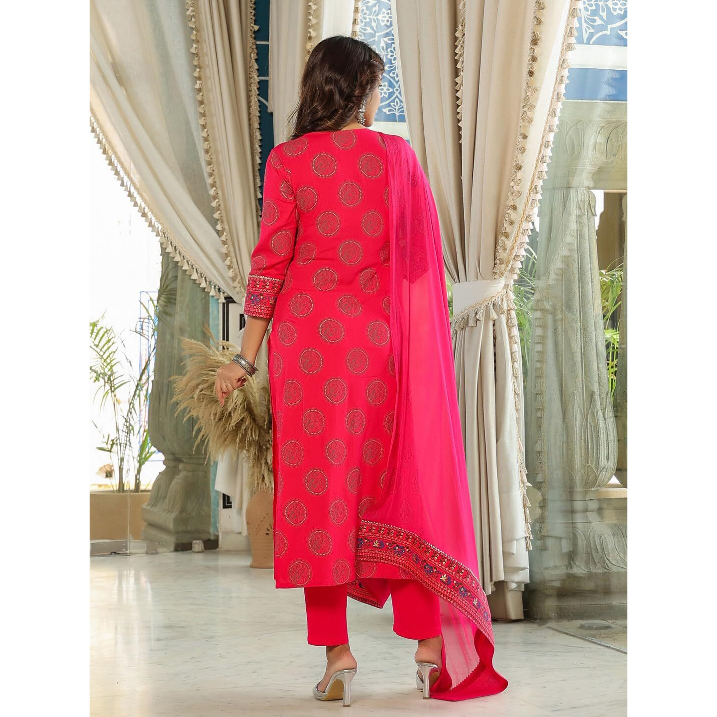 Gosriki Women's Cotton Blend Straight Printed Kurta With Pant & Dupatta (Nov-Pink-Nwg-Gs_3Xl_Pink_Xxx-Large)