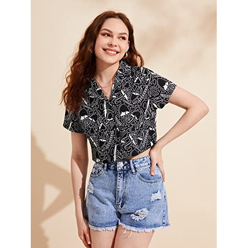Toplot Black Printed Crop Shirt For Women With Short Sleeve (Crop-Shirt-5059-L)