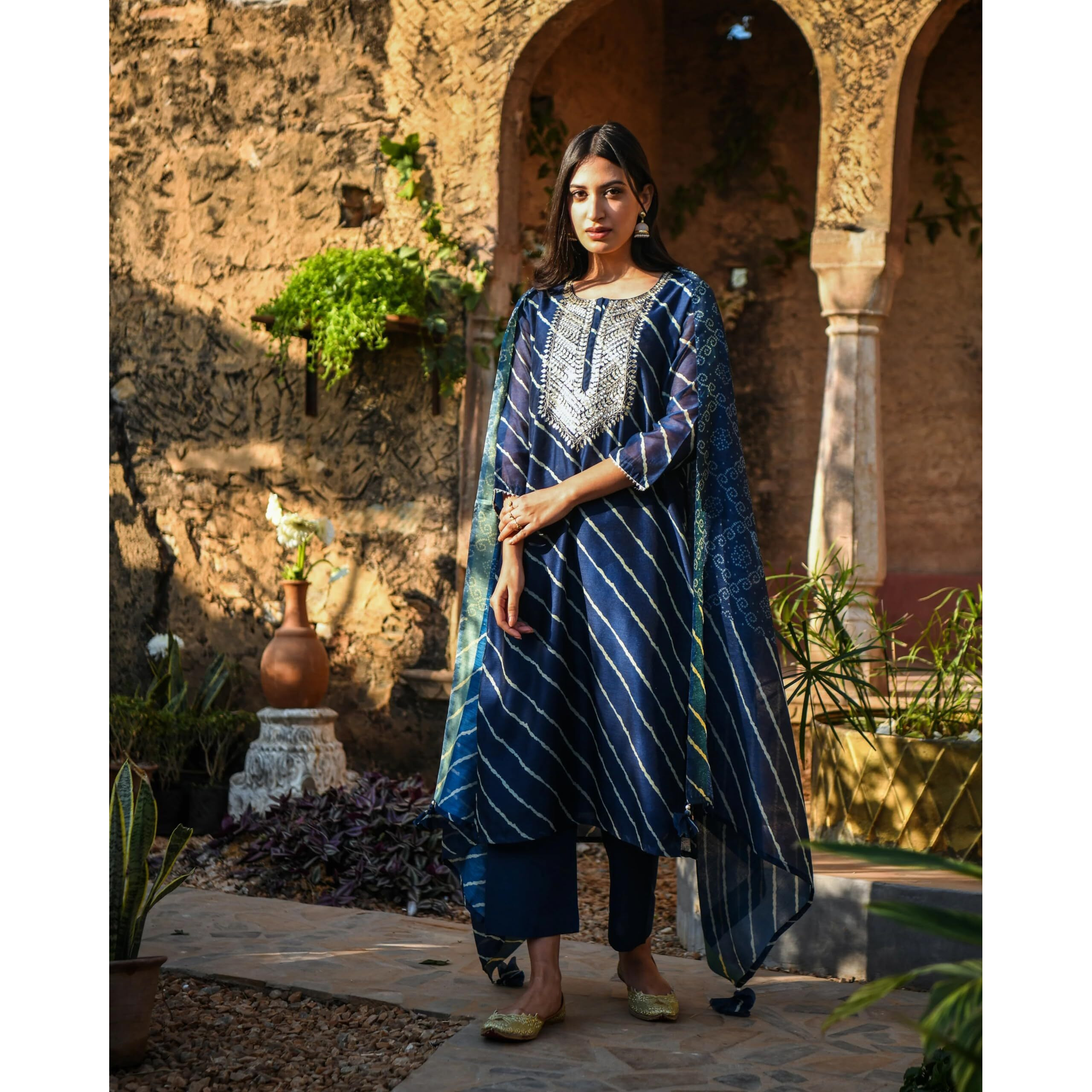 Gosriki Women's Embroidered Kurti & Kurti Pant Dupatta Set Combo Pack Of 2 (Doremi Navy & Kari Black-Gs_Xxl_Multi_Xx-Large)