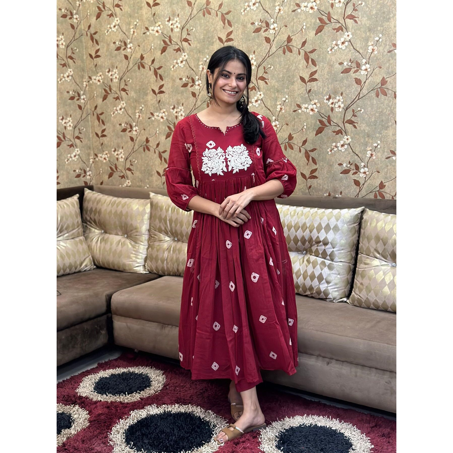 Gosriki Women's Rayon Blend Anarkali Printed Kurta With Pant (Anveshi Maroon-Vks01-Gs_M_Maroon_Medium)