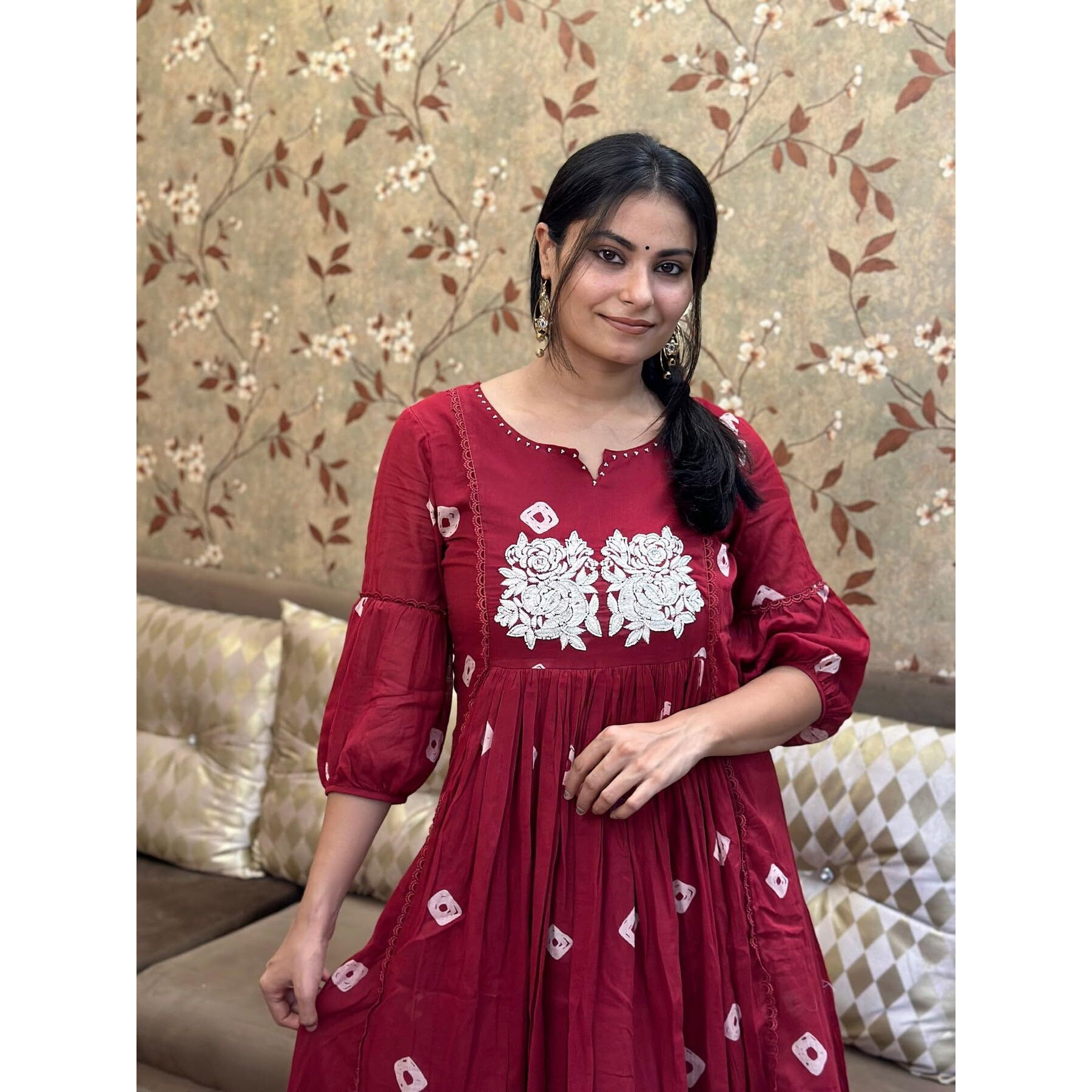 Gosriki Women's Rayon Blend Anarkali Printed Kurta With Pant (Anveshi Maroon-Vks01-Gs_M_Maroon_Medium)