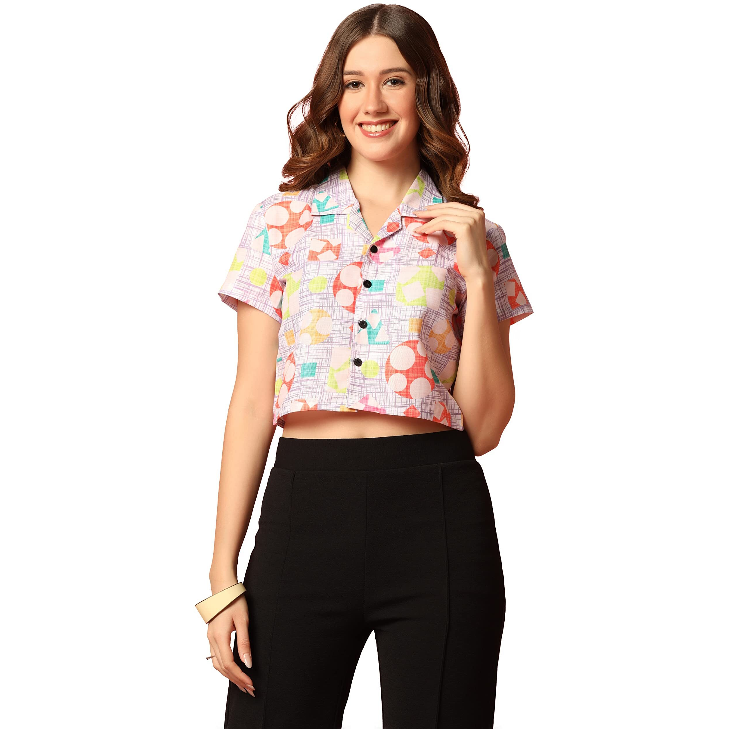 Toplot V-Collar Printed Crop Shirt For Women With Short Sleeves (Crop-Shirt-5059-Multi-S)