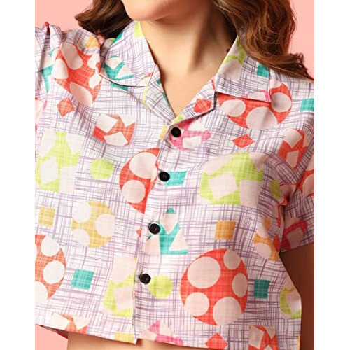 Toplot V-Collar Printed Crop Shirt For Women With Short Sleeves (Crop-Shirt-5059-Multi-S)
