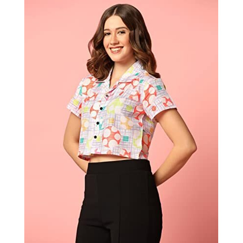 Toplot V-Collar Printed Crop Shirt For Women With Short Sleeves (Crop-Shirt-5059-Multi-S)