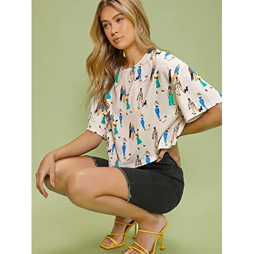 Toplot Tops For Women Casual Printed Crop Top With Half Sleeve (Crop-Top-5098-Chiku-L)