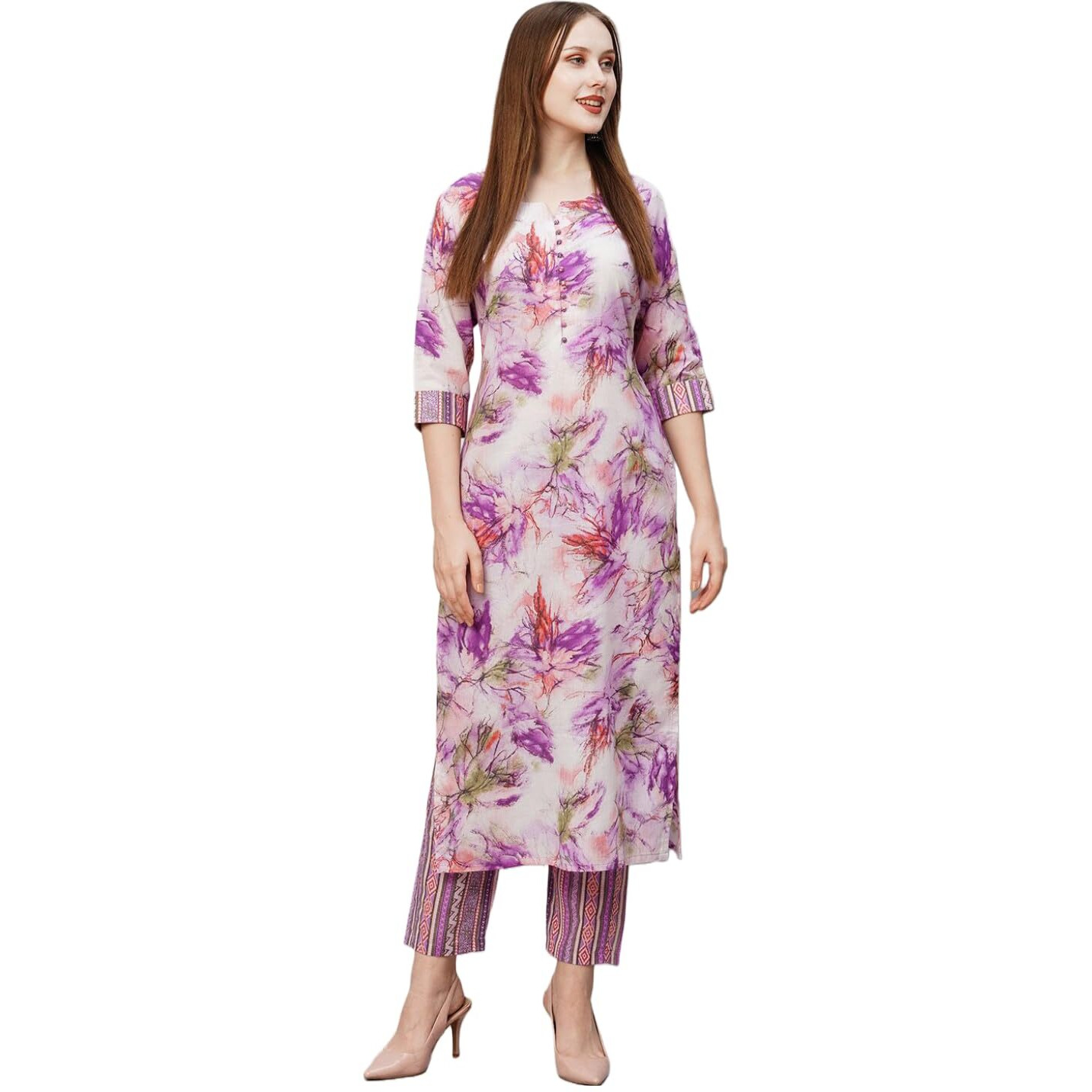 Gosriki Women's Cotton Blend Printed Straight Kurta With Pant (Ps-Purple-Gs_L_Purple_Large)