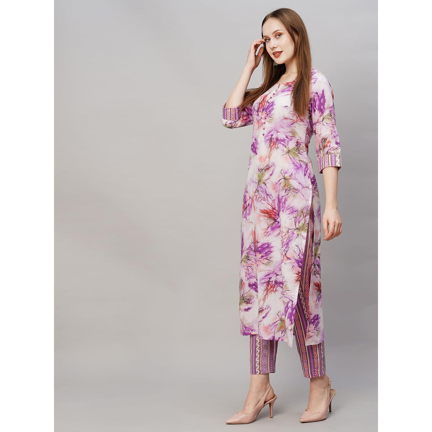 Gosriki Women's Cotton Blend Printed Straight Kurta With Pant (Ps-Purple-Gs_L_Purple_Large)