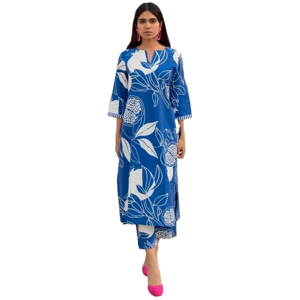 Gosriki Women's Rayon Blend Straight Printed Kurta With Pant (Anaar-Blue-Nw-Gs_M_Blue_Medium)