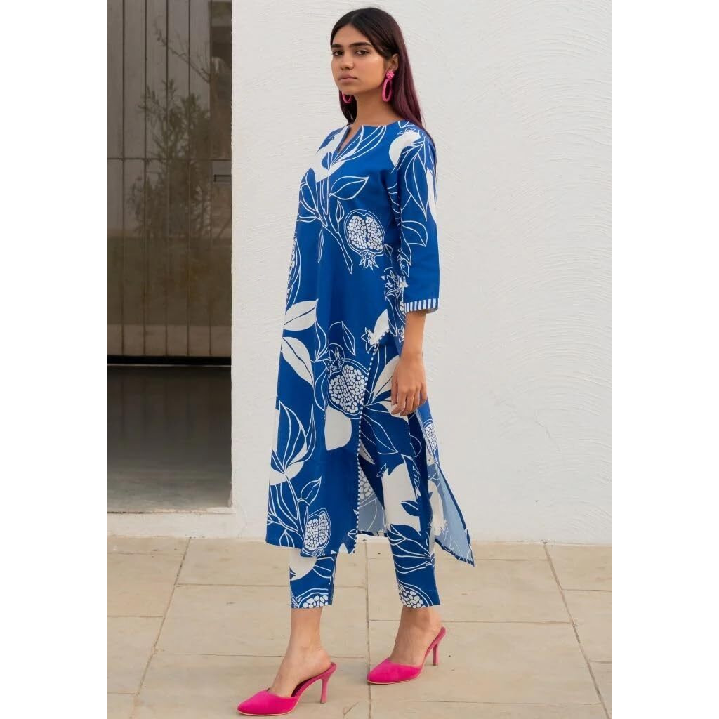 Gosriki Women's Rayon Blend Straight Printed Kurta With Pant (Anaar-Blue-Nw-Gs_M_Blue_Medium)